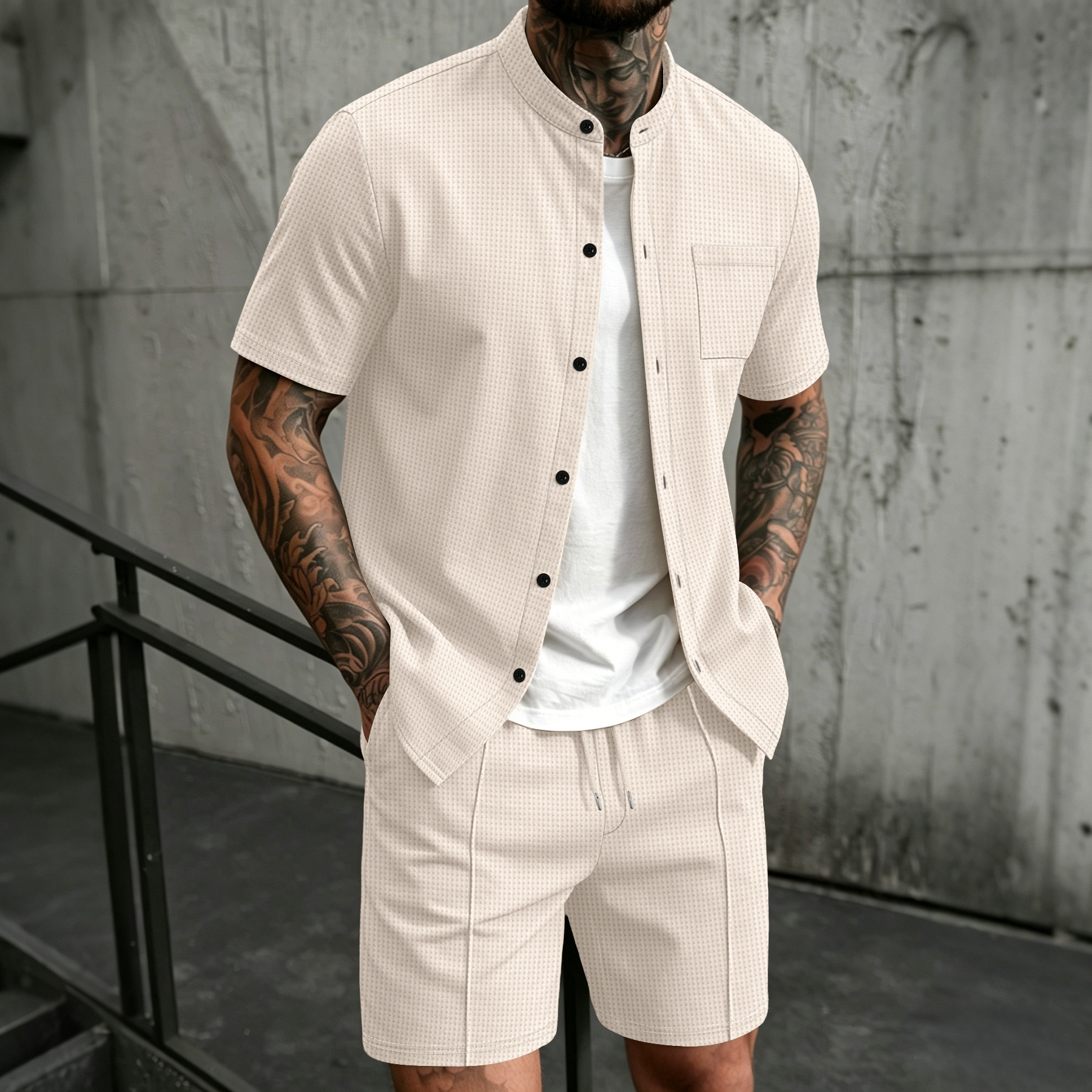 Summer Clothing Beach - Men's new summer style waffle plain-color