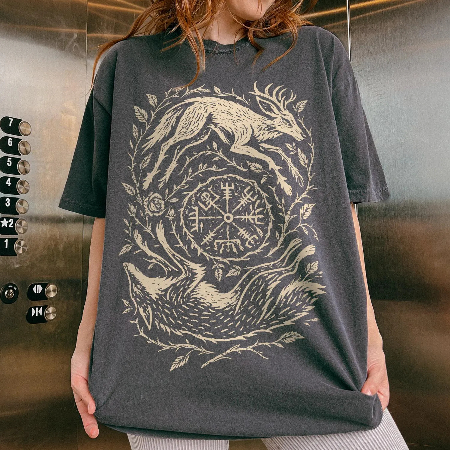 Summer Viking Clothing - Women's Tops Wolf and Stag Linocut