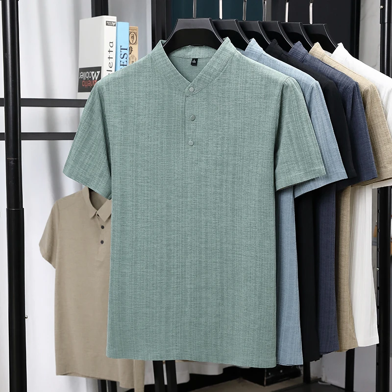 Mens Mandarin Collar Half Plac – Summer Clothing Men Linen recenzja i cena