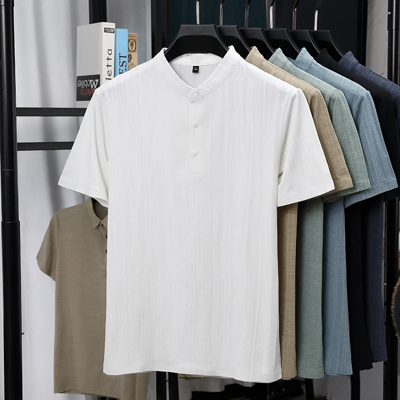 Mens Mandarin Collar Half Plac – Summer Clothing Men Linen recenzja i cena