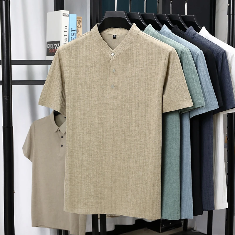 Mens Mandarin Collar Half Plac – Summer Clothing Men Linen recenzja i cena