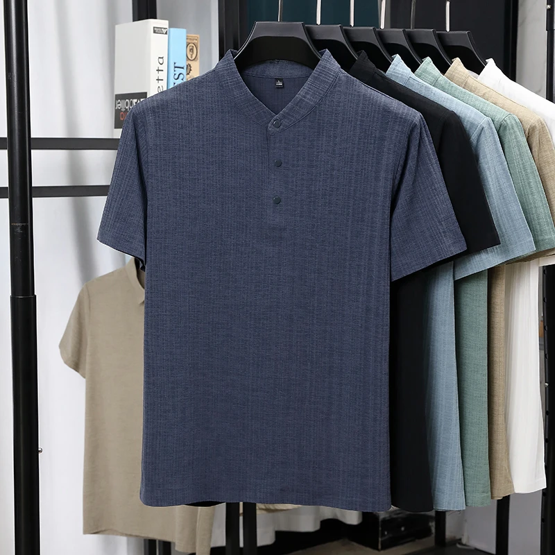 Mens Mandarin Collar Half Plac – Summer Clothing Men Linen recenzja i cena