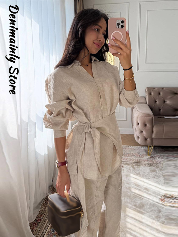 Casual Women's Linen Pants Set – Summer Clothing Men Linen recenzja i cena